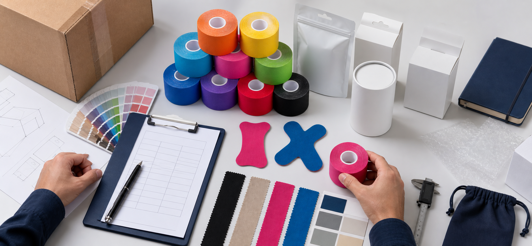 Tape rolls, samples, packaging and project tools arranged on a worktable